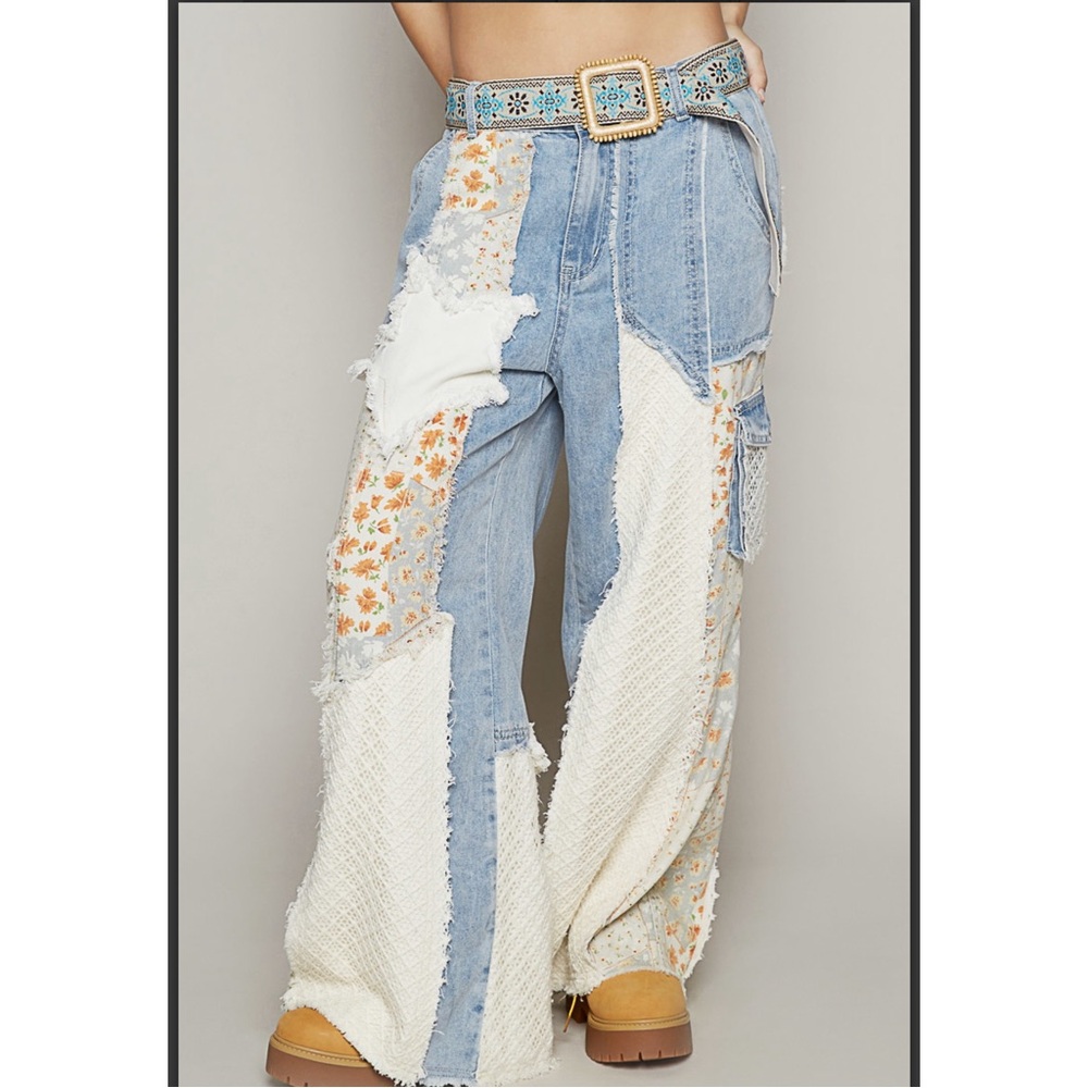 POL Light Blue Patchwork Flared Wide Leg Jeans